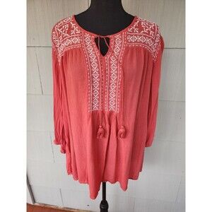 St. John's Bay Size 2X Coral Long Sleeve Blouse W/ Embroidered Geometric Design